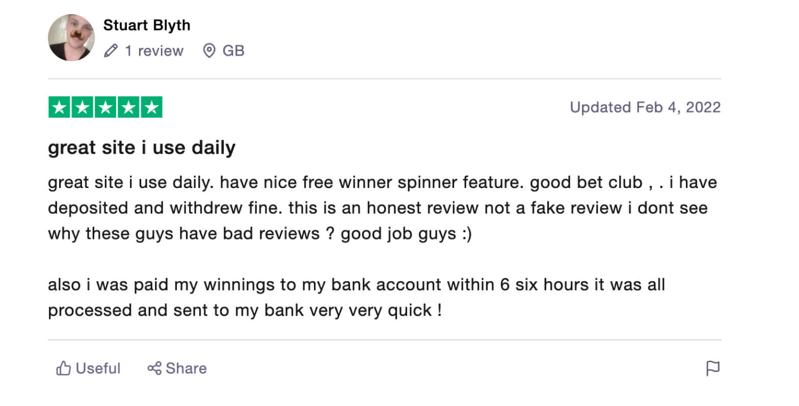 Trustpilot user review for Betway