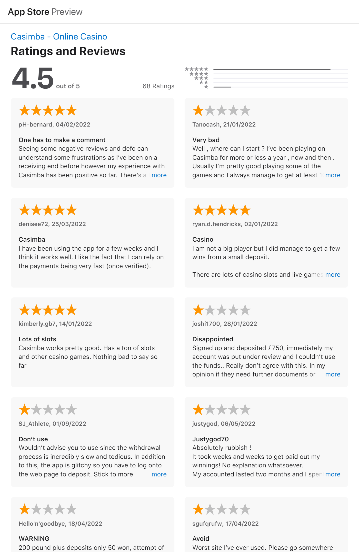 Apple App store ratings and reviews for the Casimba