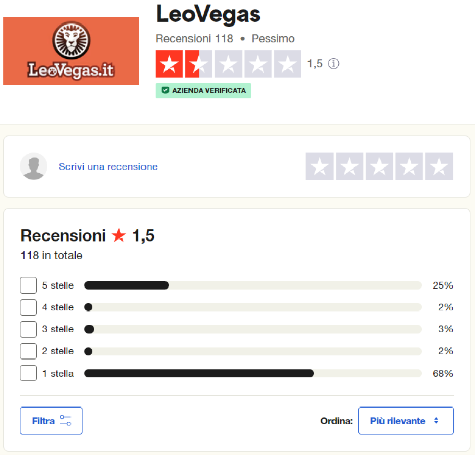 leo vegas trustpilot screenshot