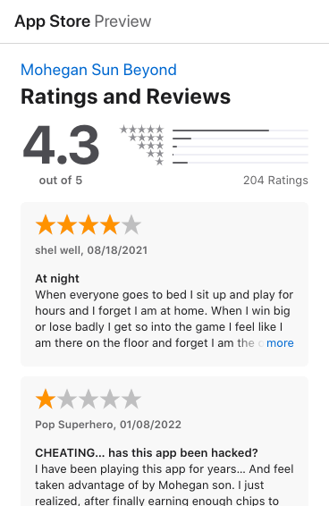Apple App store ratings and reviews for the Mohegan app
