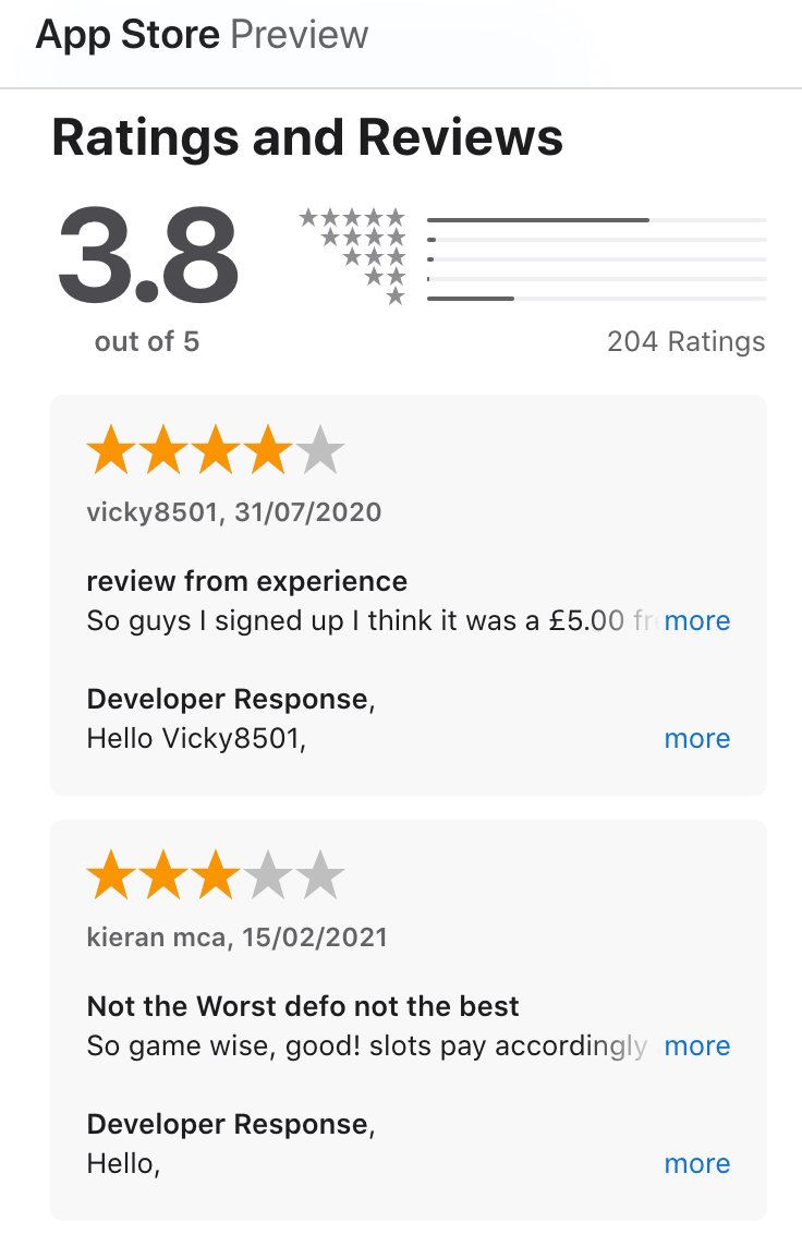 Apple App Store user ratings and reviews for Casino.com