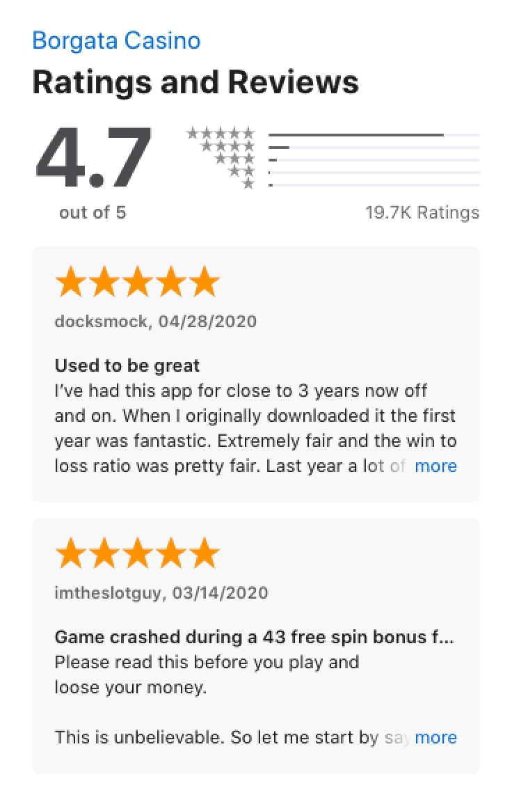 Apple App store ratings and reviews for the Borgata app
