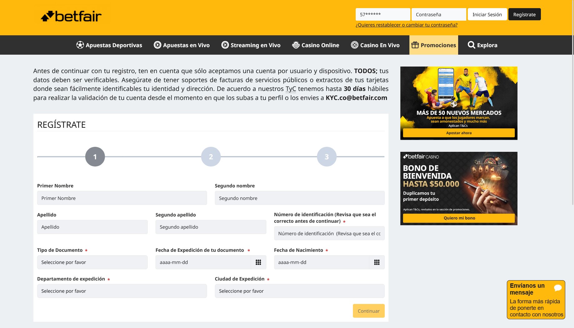 Betfair Registro