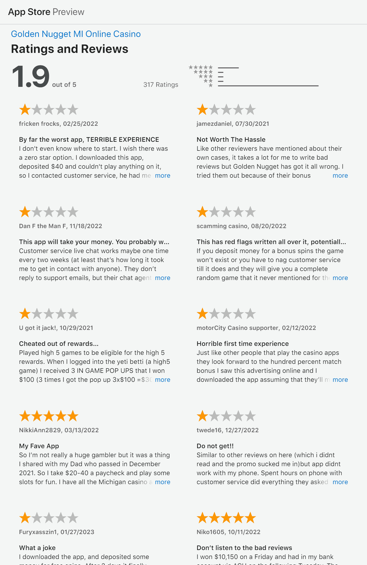 Apple App store ratings and reviews for the Golden Nugget MI