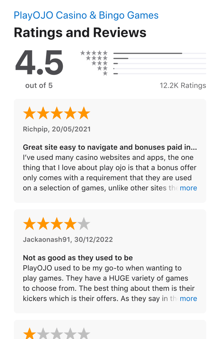 Apple App store ratings and reviews for the PlayOJO