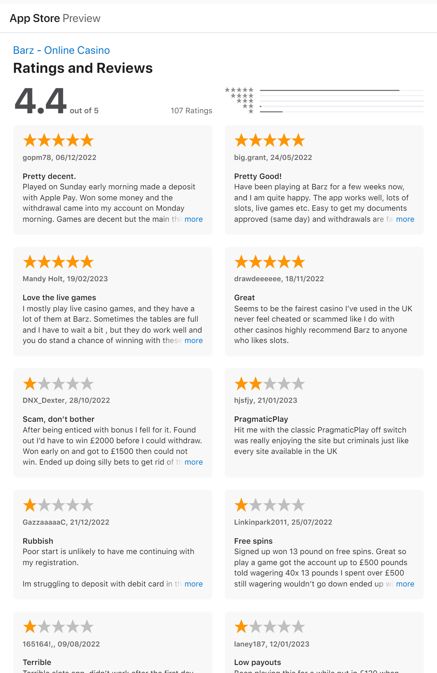 Apple App store ratings and reviews for the Barz