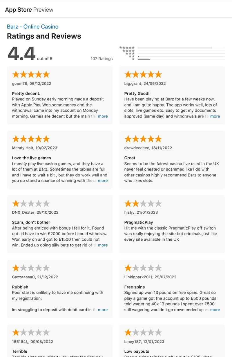 Apple App store ratings and reviews for the Barz