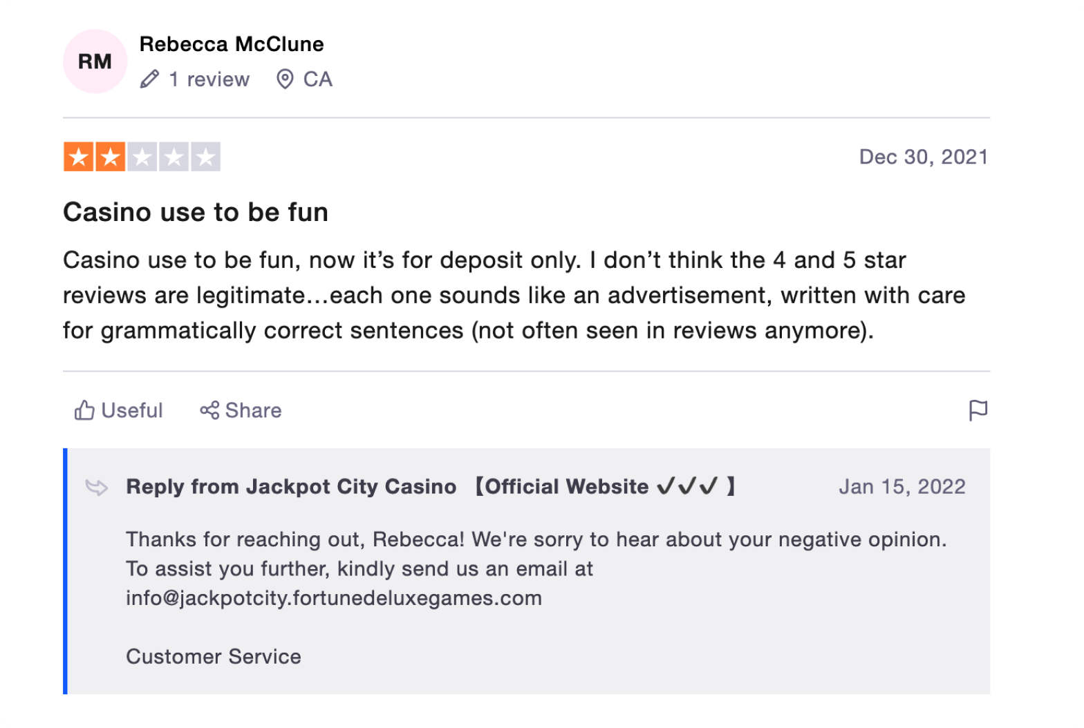 User review example on Trustpilot for Jackpot City
