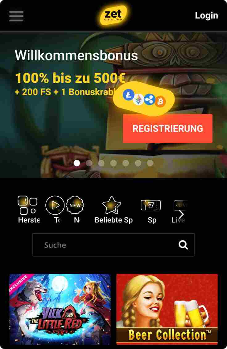 Zet Casino Website auf einem Mobilgerät
