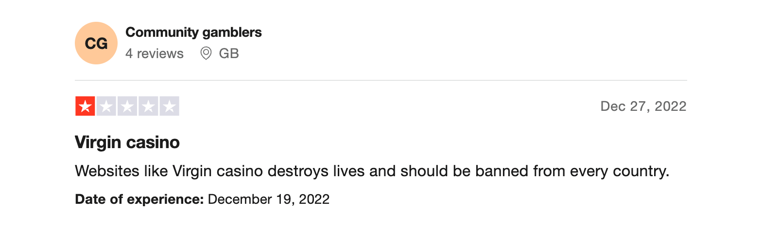 Trustpilot rating screenshot for the Virgin Games
