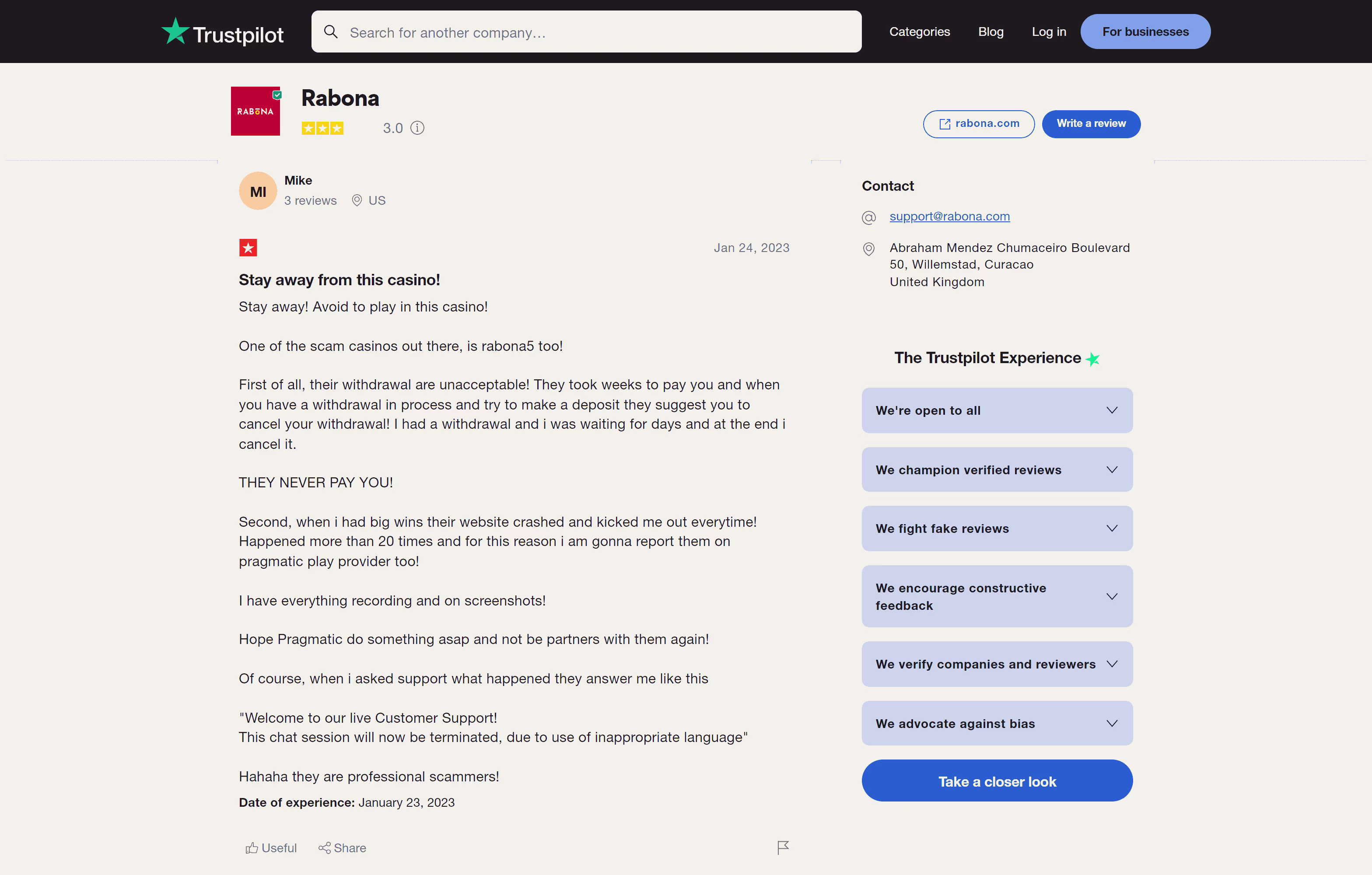 Trustpilot rating screenshot for the Rabona