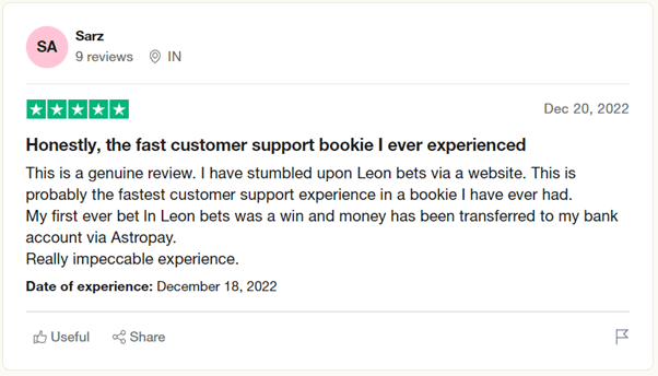 Trustpilot rating screenshot for the LeonBet