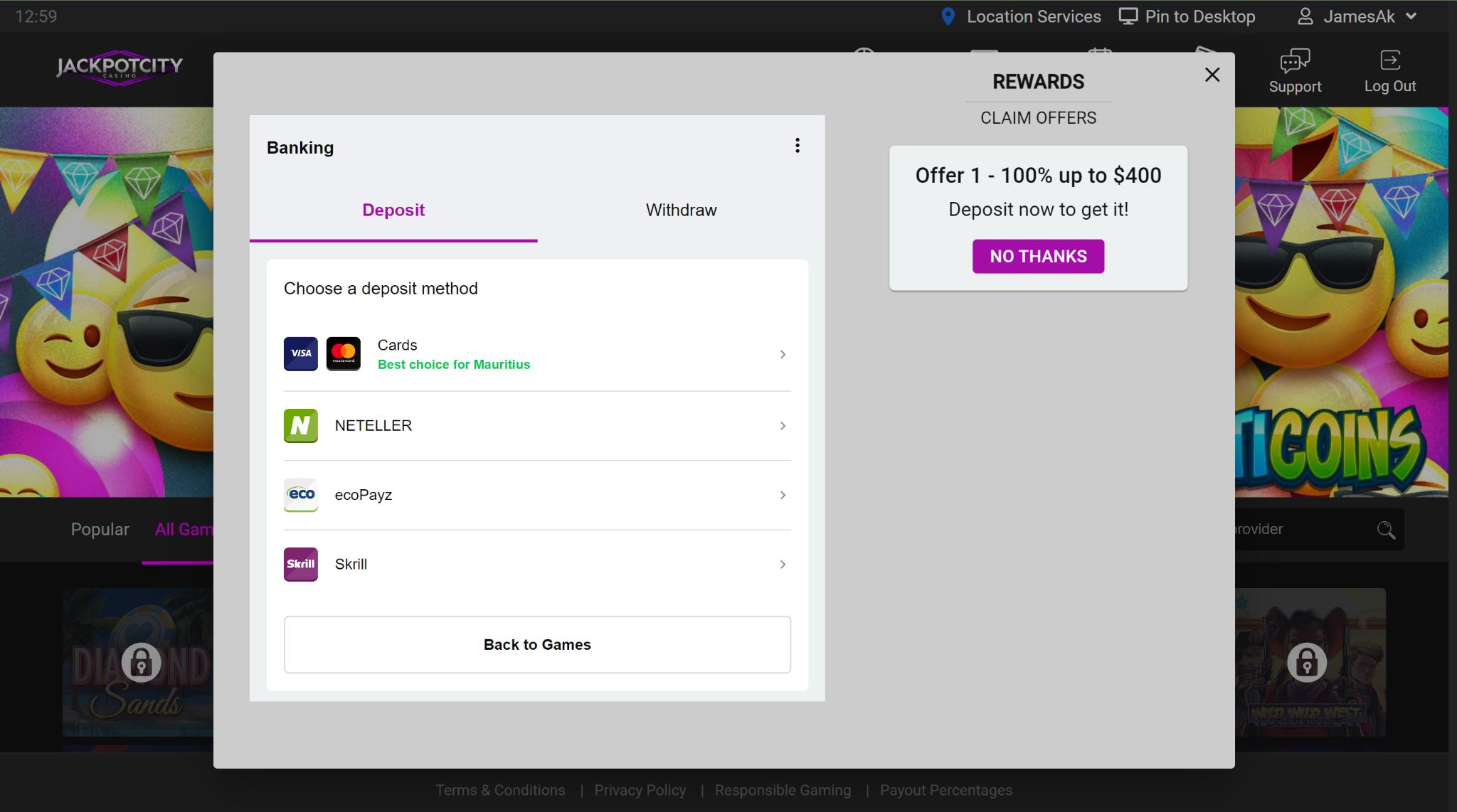 Jackpot City Deposit page