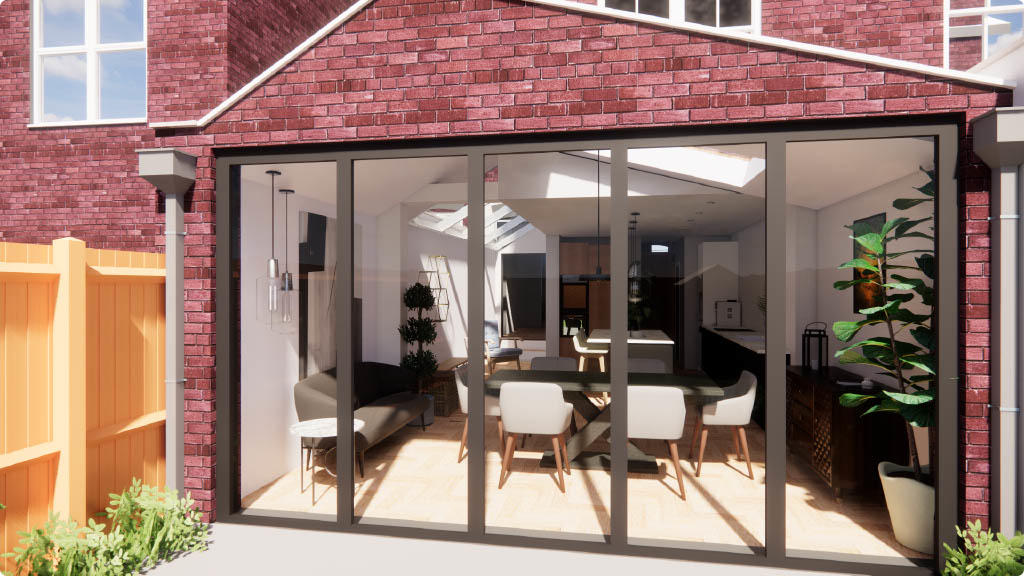 A pitched roof single storey extension in London, 3D models