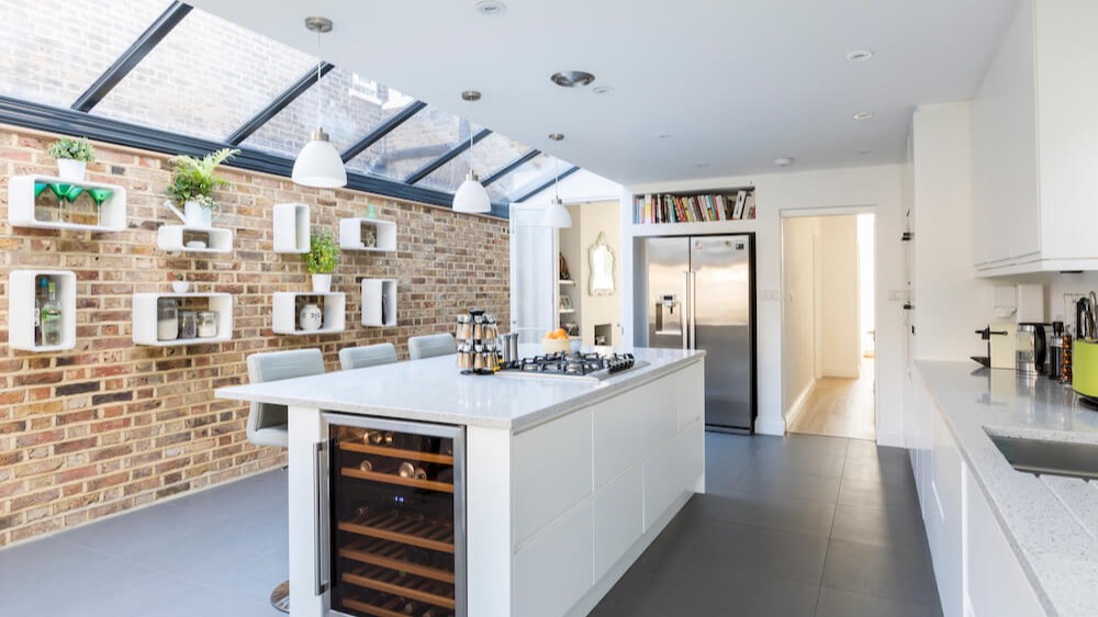 The interior of a wraparound single storey extension in East Dulwich, London