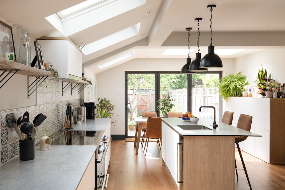Skylights in a luxury modern kitchen, designed by Resi in Hounslow