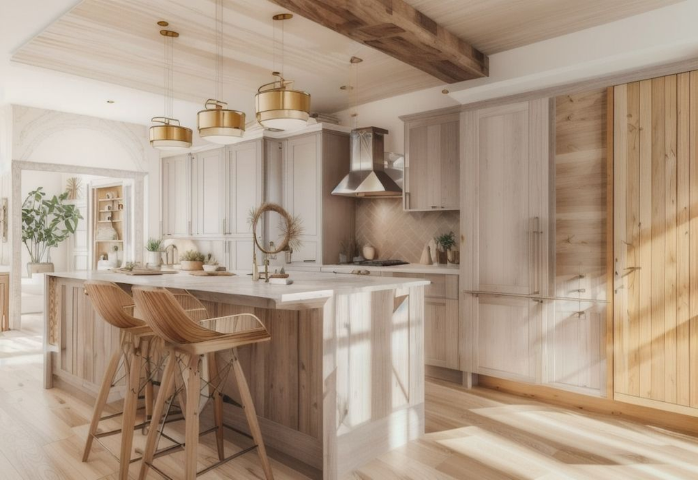 AI Scrapbook has introduced plenty of exposed wood, beams and elegant pendant lights to create a cottage kitchen feel