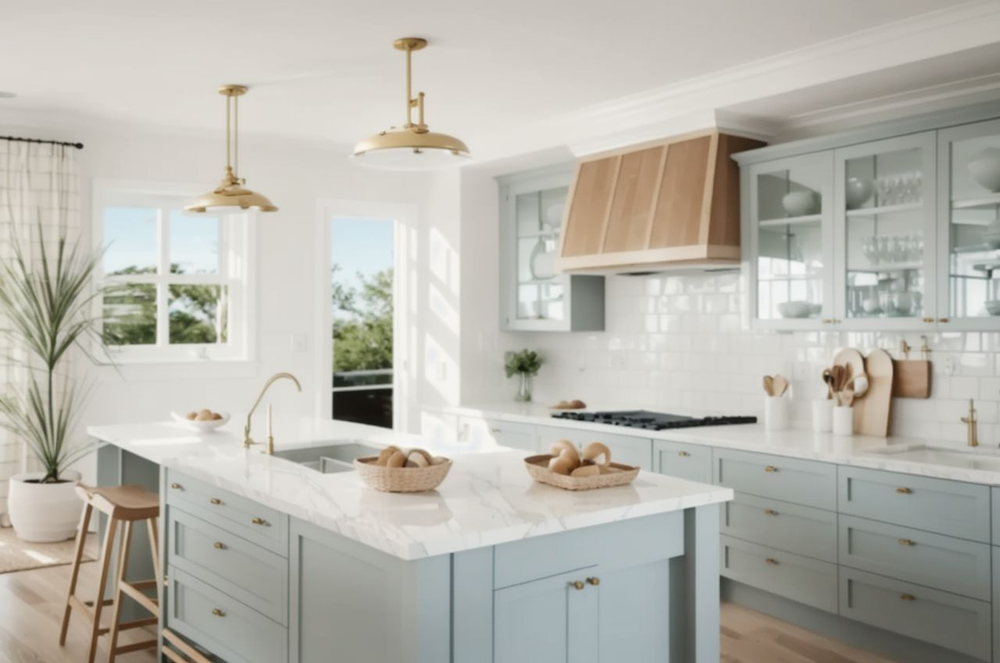 Glass cabinets, soft colours and natural materials create a cottage kitchen feel
