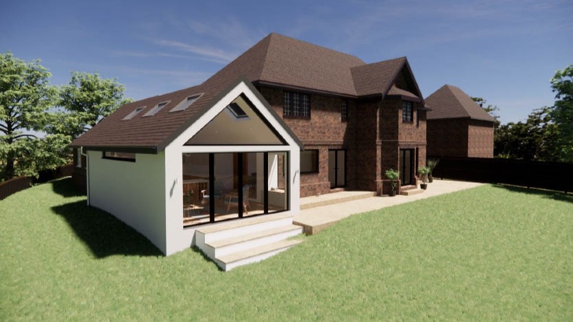A pitched roof single storey extension, 3D model of the exterior