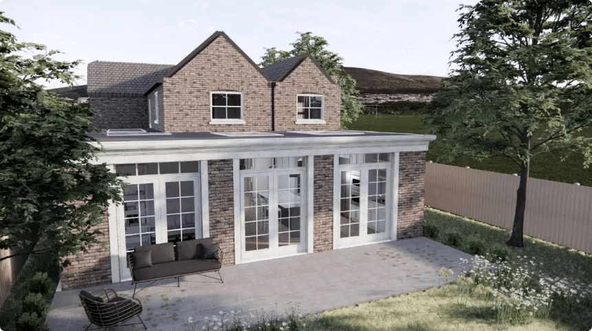 A wraparound house extension 3D render, designed in 2021