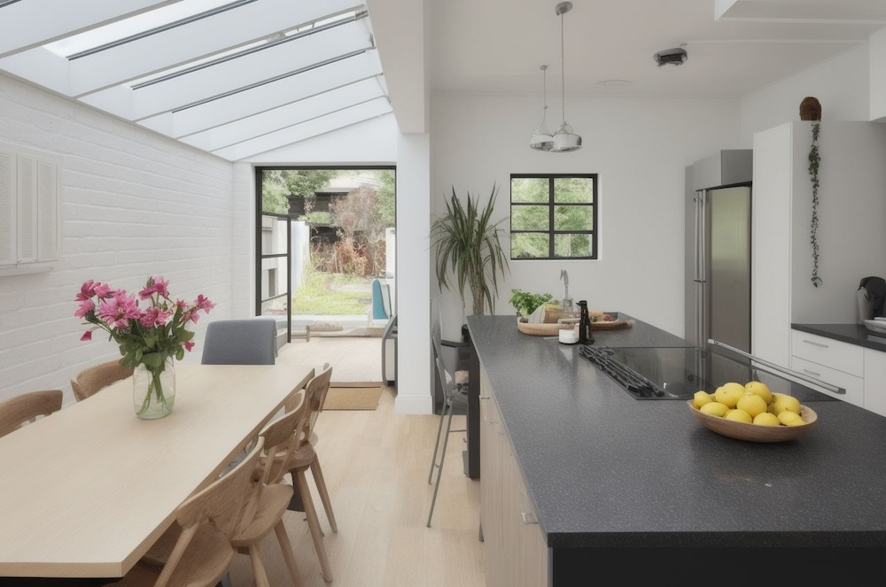 A stylish, brightly lit kitchen living design by Resi with plenty of natural light