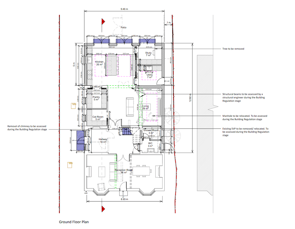 Architectural floor plan drawings of a wraparound house extension