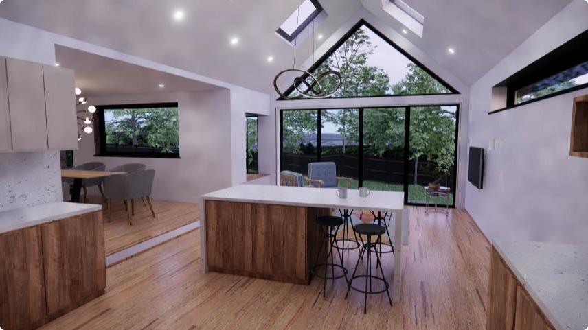 A pitched roof single storey extension, interior 3D model