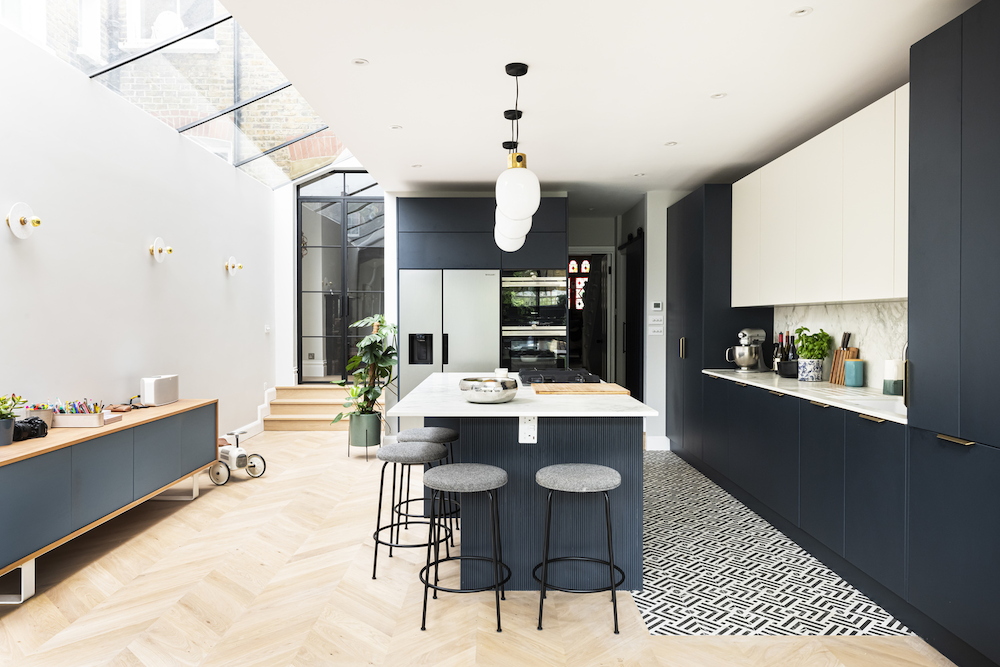 A beautifully designed kitchen island in a large open plan kitchen in Lambeth