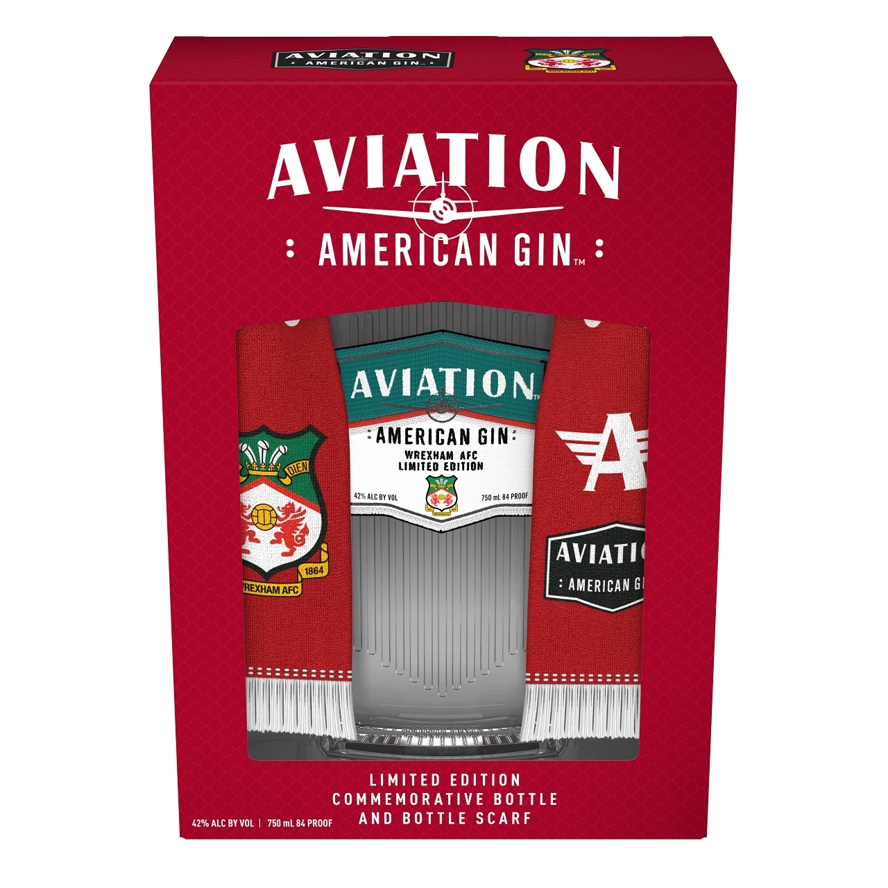 Pack of Aviation American Gin: Wrexham AFC Limited Edition bottle and bottle scarf