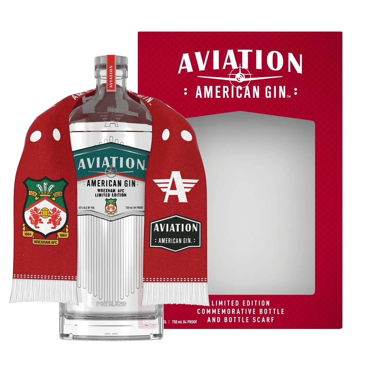 Aviation American Gin: Wrexham AFC Limited Edition bottle and bottle scarf