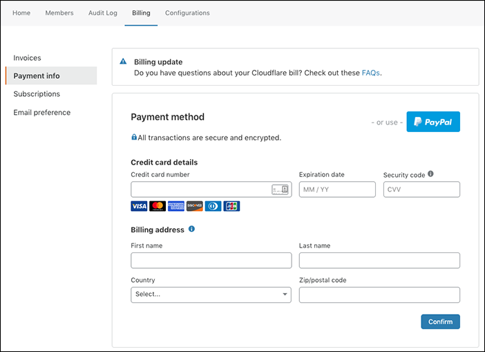 Cloudflare UIの請求セクションの支払情報がない「支払情報（Payment info）」タブのスクリーンショット
