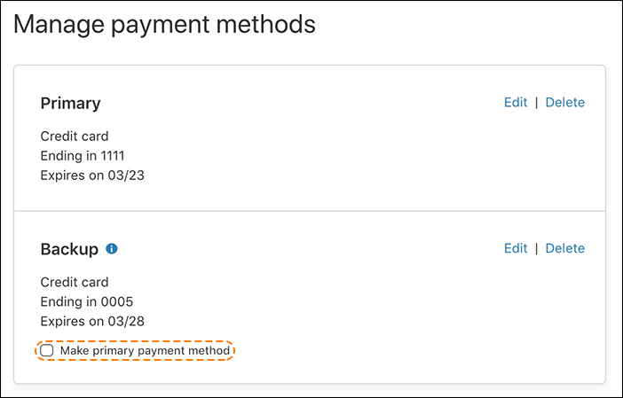 screenshot of the Manage payment methods screen in the Cloudflare dashboard with an orange dotted circle around the Make primary payment method checkbox.