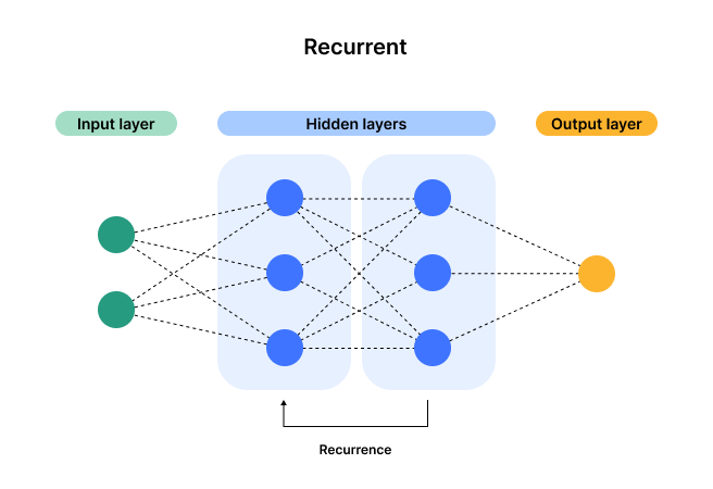 Input layer, two hidden layers, output layer. Data goes backwards from one hidden layer to previous hidden layer.