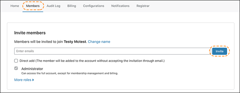 screenshot of the Members tab and the Invite members card in the Cloudflare dashboard