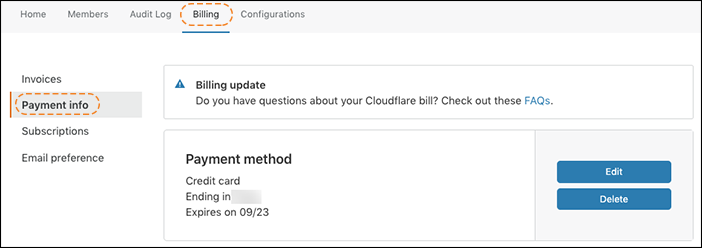 Cloudflareダッシュボードの請求UIにある「支払情報（Payment info）」タブのスクリーンショット 