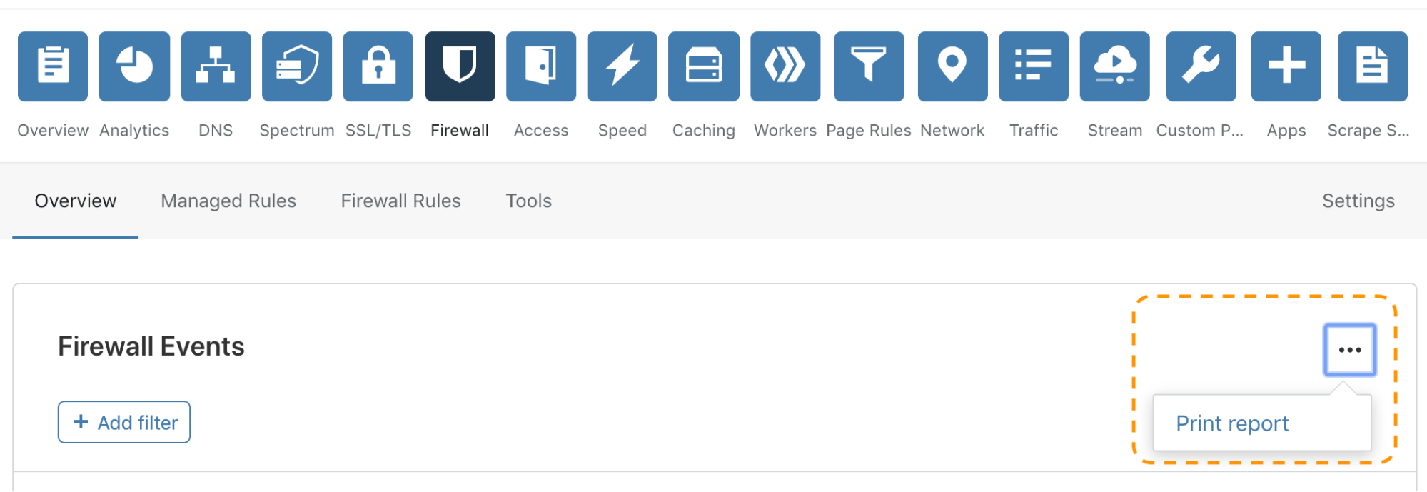 Screenshot showing how to print a firewall events snapshot report.