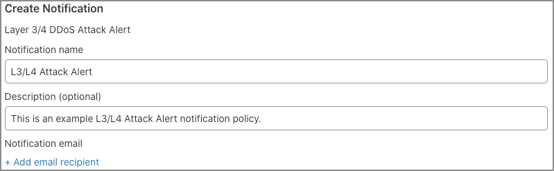 Ejemplo de la página de creación de notificaciones en el panel de control de Cloudflare para configurar una notificación para las alertas de ataques DDoS a las capas 3 y 4. 