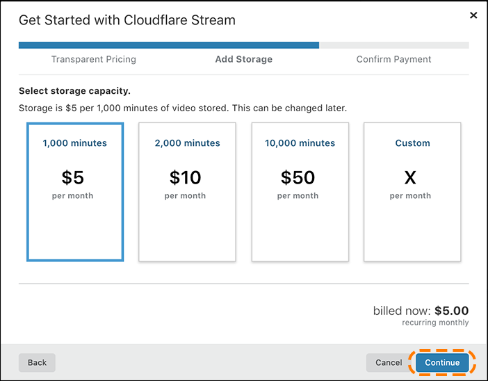 The Get Started with Cloudflare Stream dialog with the 1000 minute plan selected and 
