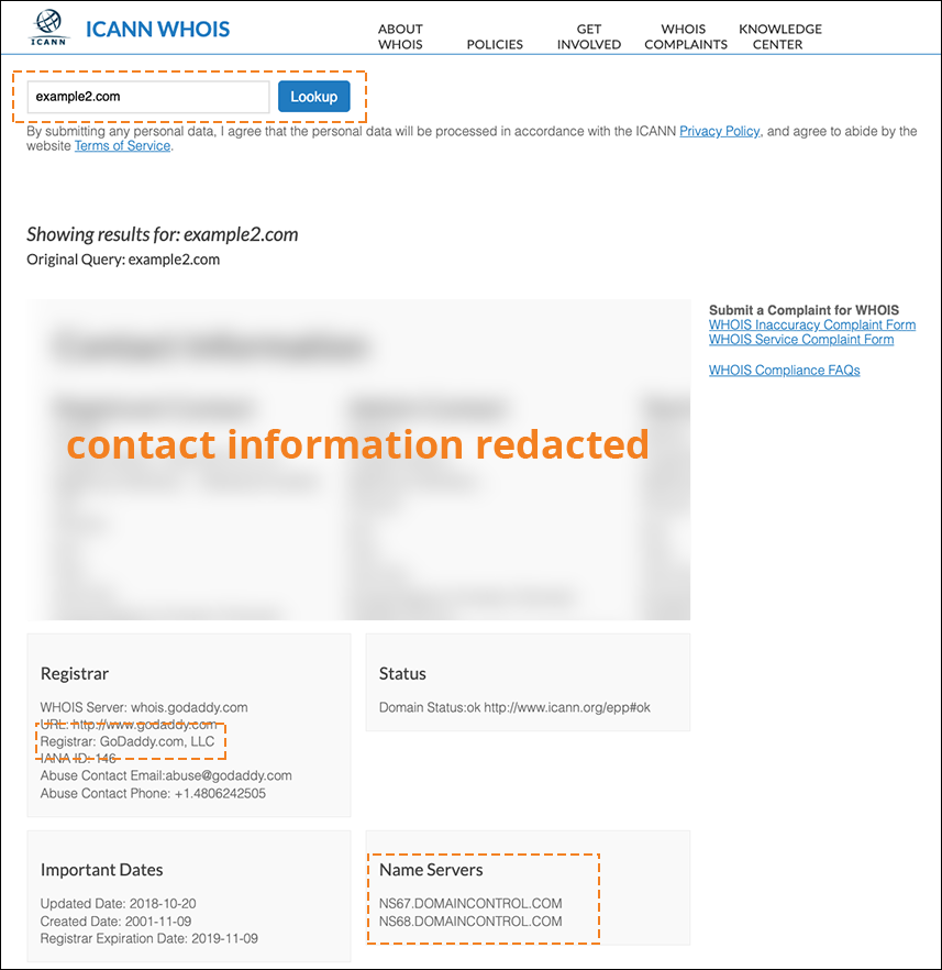 screenshot of ICAN WHOIS page with contact information redacted and registrar and name server section highlighted