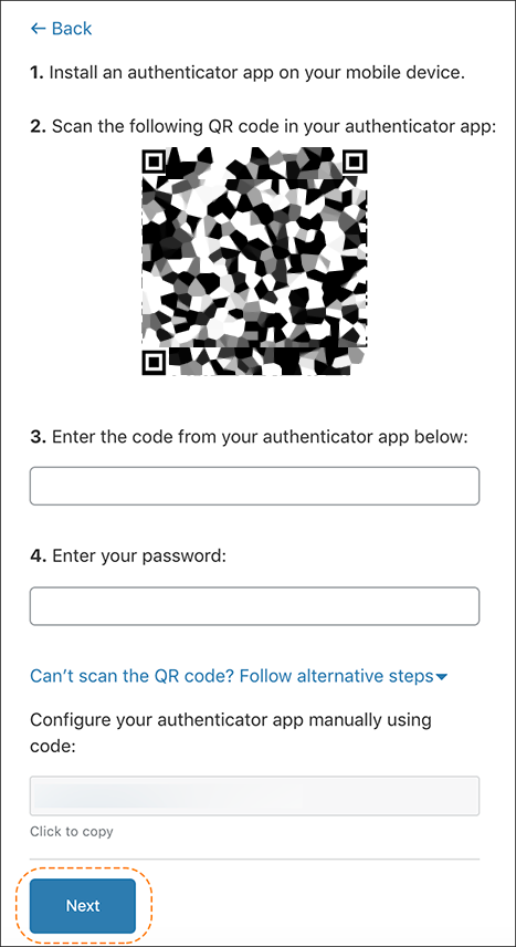 screenshot of a screen with instructions on how to enable 2FA by scanning a QR code with your mobile device