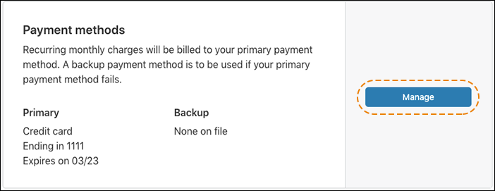 screenshot of the payment methods card in the Cloudflare dashboard with no backup payment method on file and orange dotted line drawn around the Manage button.