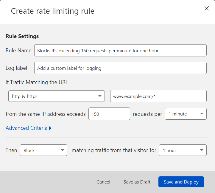 Create rate limiting rule pop-up dialog with an example rule configuration. The rule will block requests from IP addresses that exceed 150 requests per minute for one hour.