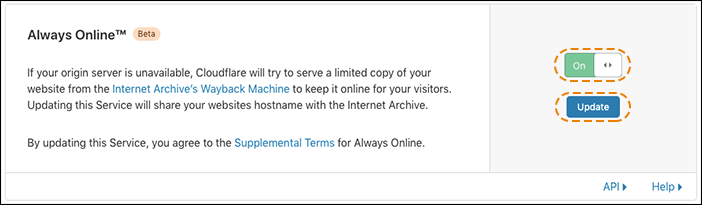 screenshot of Always Online Beta card in the Caching app of Cloudflare's dashboard with an orange dotted line drawn around the On toggle and the Update button.