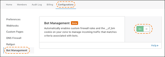 the bot management card toggled 'on' in the configuration section of cf account