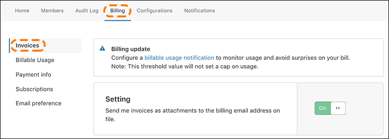 screenshot of Cloudflare billing UI with email notification setting turned on and 'billing' and 'invoices' highlighted.