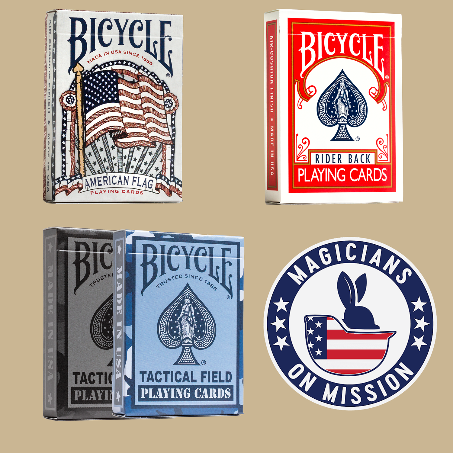 one Bicycle Standard 807 Red, one Tactical Field Navy Or Black deck, and American Flag deck