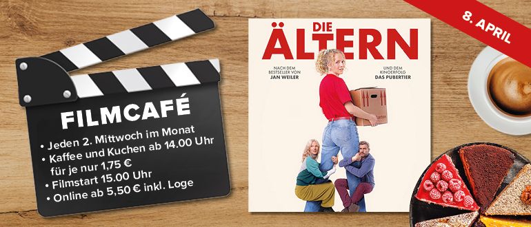 Filmcafé: jeden 2. Mittwoch; Kaffee & Kuchen ab 14 Uhr, Filmstart 15 Uhr, Tickets ab 5,50 € – zur Vorstellung am 8. April”