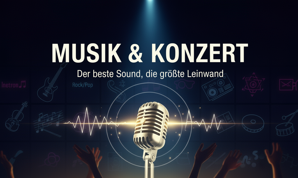 Bannerbild für die Kategorie 'Musik & Konzert' mit einer jubelnden Menschenmenge, die von hinten beleuchtet wird, vor einer dunklen Bühne.