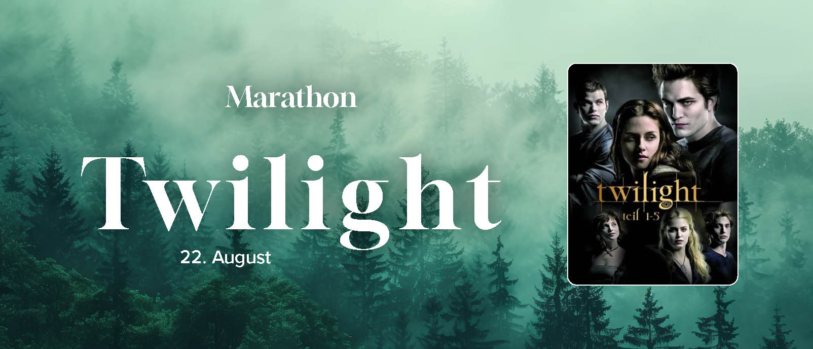 Hier sieht man im Hintergrund einen Wald - darüber der Schriftzug "Twilight marathon"