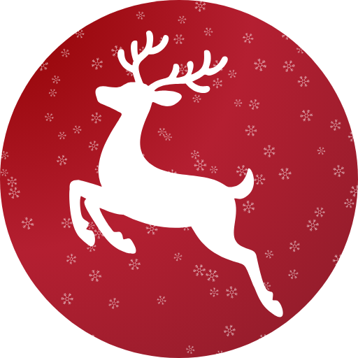 Runde Schmuckgrafik, mit weißen Schneeflockenauf rotem Hintergrund. Im Vordergrund eine weiße Silhouette eines Rentiers. 